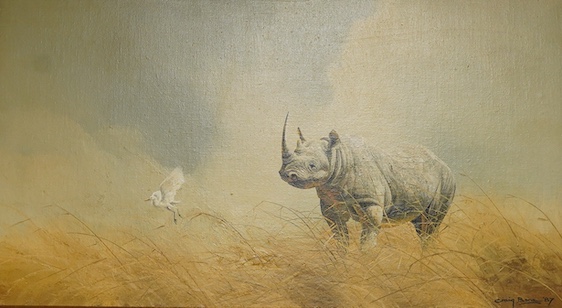 Craig Bone (b.1955), Study of a rhino and bird, signed and dated '87, oil on canvas board, 38 x 70cm